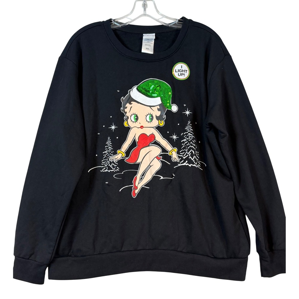 NWT Betty Boop Light Up Christmas Sweatshirt XXL Sequin Hat Ugly Xmas Kitsch Y2K